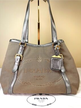 Prada Milano Logo Jacquard Canvas & Metallic Silver Leather Tote, dustbag